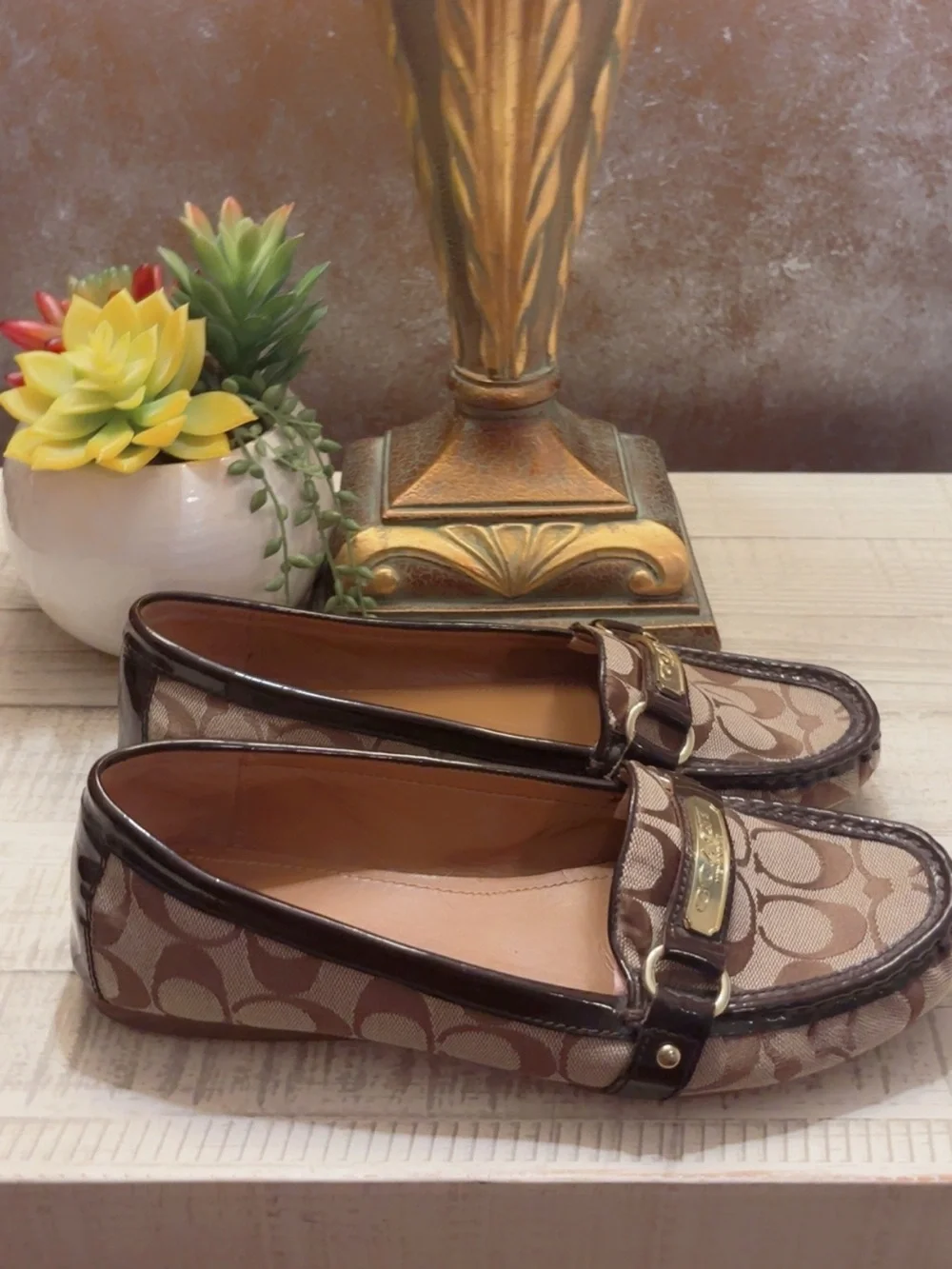 Like New ~ Coach Brown Signature Print Loafers (see flaw comment)~ Size 10